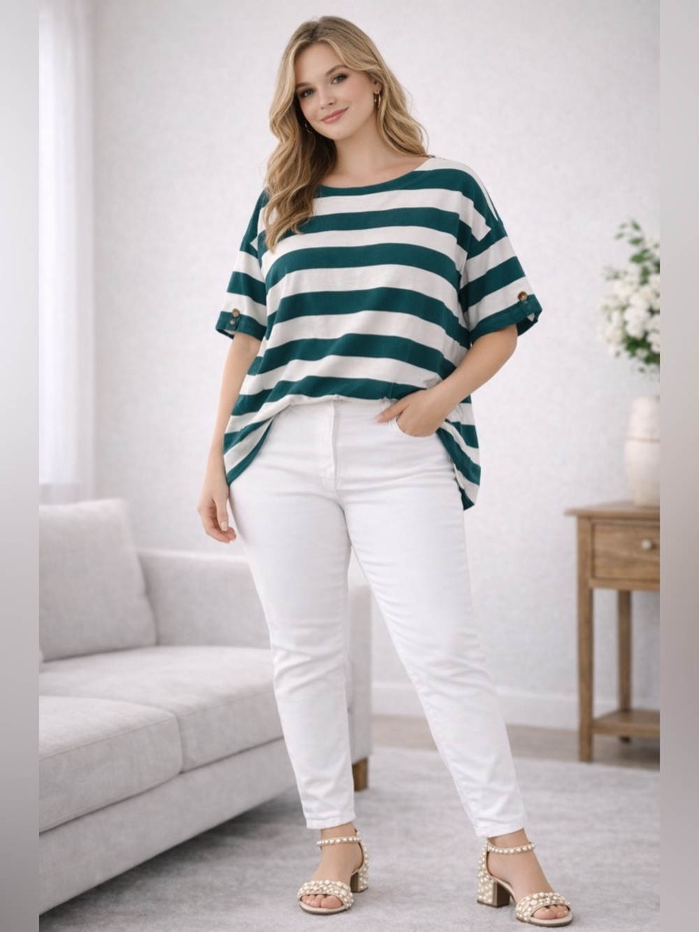 J. Jill Stripped 100% Cotton White and Teal Boatneck Nautical Top